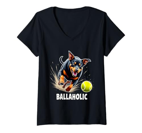 Damen Lustiger Ballaholic Rottweiler Hund jagt Rottie Ball T-Shirt mit V-Ausschnitt von Rottweiler Fun Designs
