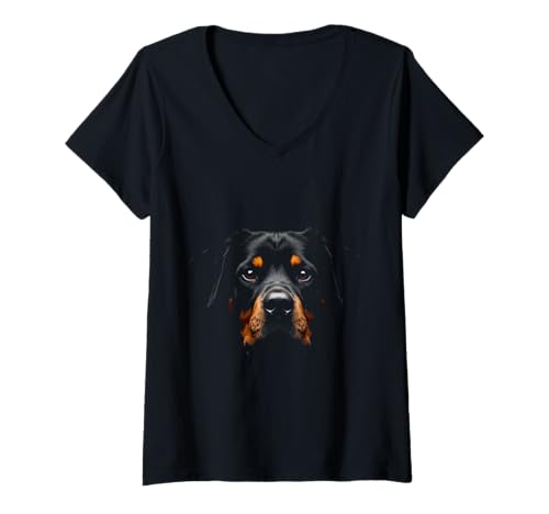 Damen Rottweiler Rottie Face für Hunde, Schwarz T-Shirt mit V-Ausschnitt von Rottweiler Fun Designs