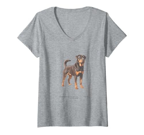 Damen Vintage Rottweiler Hund T-Shirt mit V-Ausschnitt von Rottweiler Lover Vintage Clo.