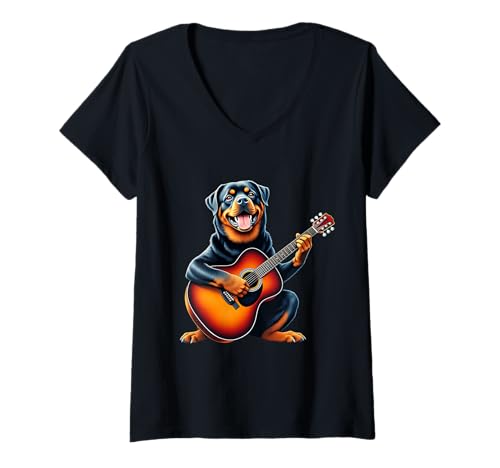 Damen Rottweiler Hund spielt Gitarre Design Lustiger Rottweiler T-Shirt mit V-Ausschnitt Damen Rottweiler Hund spielt Gitarre Design Lustiger Rottweiler T-Shirt mit V-Ausschnitt von Rottweiler Lovers Designs