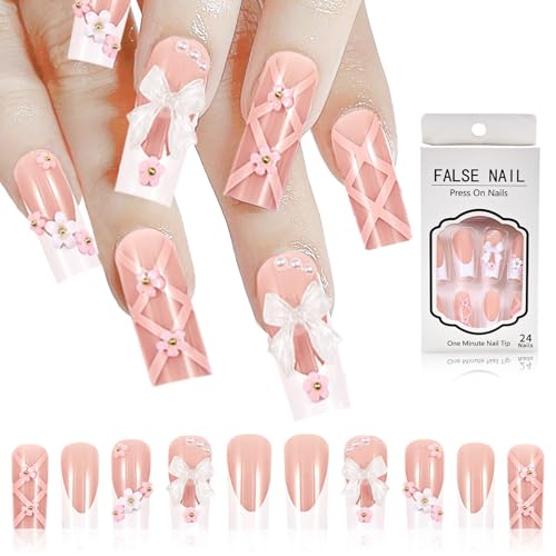 24 Stück lange quadratische Sarg Press on Nails mit Schleife Blume, Full Cover Fake Nails, Pink False French Tip Nägel, Charms Strass Perle Stick auf Nägel für Frauen Mädchen, 1 Mini-Feile, 1 24 Stück lange quadratische Sarg Press on Nails mit Schleife Blume, Full Cover Fake Nails, Pink False French Tip Nägel, Charms Strass Perle Stick auf Nägel für Frauen Mädchen, 1 Mini-Feile, 1 von Roucerlin