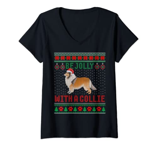 Damen Hund Hässliche Weihnachts-Pullover Be Jolly mit einem rauen Collie T-Shirt mit V-Ausschnitt von Rough Collie Dog Christmas Shirts