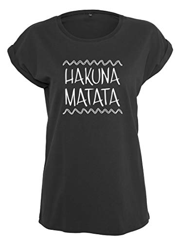 Damen T-Shirt schwarz mit ausgestellten Ärmeln, Bedruckt mit lustigem Spruch – Stylisches Oberteil für Freizeit, Sommer und besondere Anlässe Hakuna Matata L von RoughTex