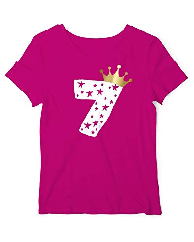 Geburtstag T-Shirt Mädchen 7 Jahre Zahl Krone Fuchsia-Weiß 128 von RoughTex