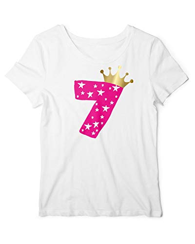 Geburtstag T-Shirt Mädchen 7 Jahre Zahl Krone Weiß-Pink 128 von RoughTex