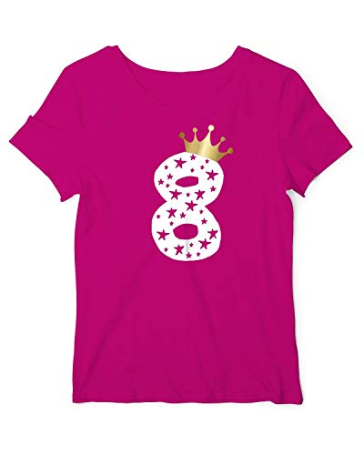 Geburtstag T-Shirt Mädchen 8 Jahre Zahl Krone Fuchsia-Weiß 140 von RoughTex