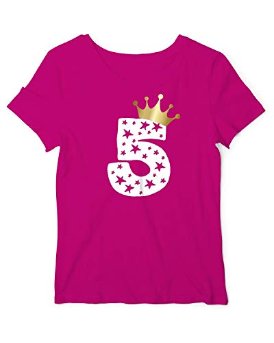 Geburtstag T-Shirt Mädchen 5 Jahre Zahl Krone Fuchsia-Weiß 116 von RoughTex