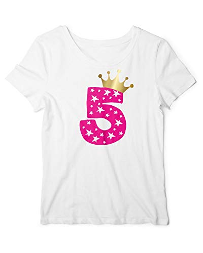 Geburtstag T-Shirt Mädchen 5 Jahre Zahl Krone Weiß-Pink 116 von RoughTex