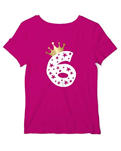 Geburtstag T-Shirt Mädchen 6 Jahre Zahl Krone Fuchsia-Weiß 128 von Roughtex