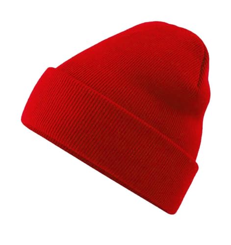 Beanie mit Umschlag aus weichem Soft Touch Polyacryl Doppellagiger Strick Basic Wintermütze Rot von Roughtex