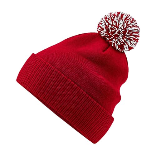 Bommelmütze Damen Herren - Doppellagige Wintermütze als Beanie oder mit Umschlag tragbar Rot von Roughtex