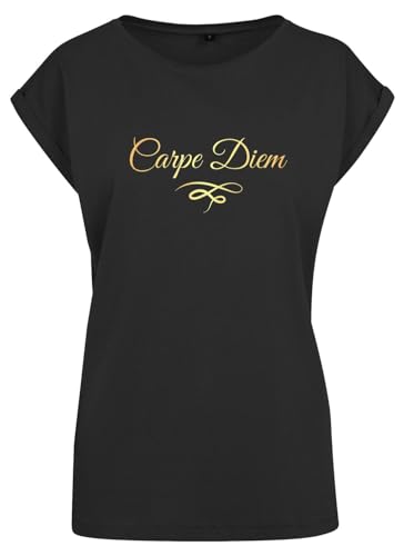 Carpe Diem Damen T-Shirt – Lässig geschnitten, ausgestellte Ärmel, Metallic Print – Spiritueller Spruch – Achtsamkeit Shirt Frauen Schwarz Gold L von Roughtex