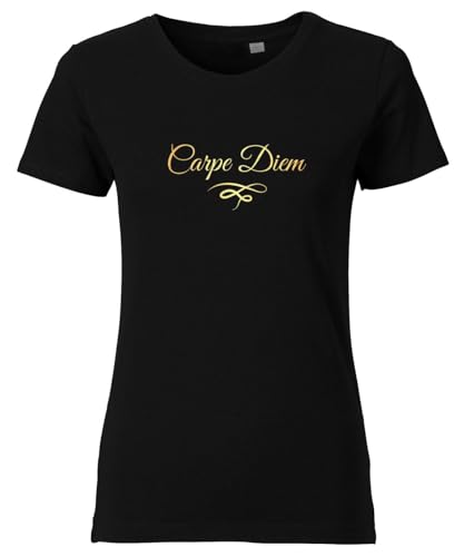 Carpe Diem Spruch T-Shirt Damen – Bio-Baumwolle | Nachhaltig & Fair | Metalleffekt Print Schwarz Gold S von Roughtex