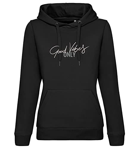 Damen Hoodie Good Vibes Only Druck in Metalleffekt - Mittelschwerer Kapuzenpullover für lässige Outfits - Bequeme Passform für Freizeit und Sport Schwarz Champagne XXL von Roughtex