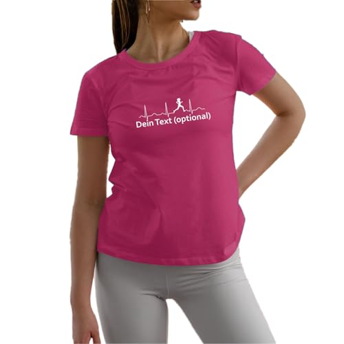 Damen Laufshirt personalisierbar - T-Shirt mit Motiv Pulslinie EKG Pulsschlag - Funktionsshirt optional mit eigenem Text Hotpink L von Roughtex