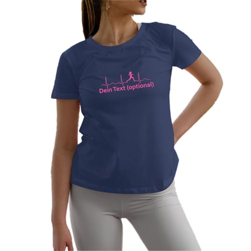 Damen Laufshirt personalisierbar - T-Shirt mit Motiv Pulslinie EKG Pulsschlag - Funktionsshirt optional mit eigenem Text Navy S von Roughtex