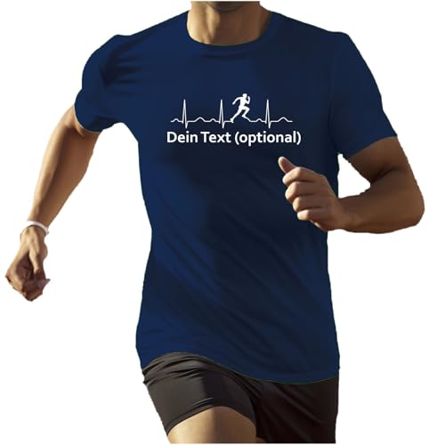 Herren Laufshirt personalisierbar - T-Shirt mit Motiv Pulslinie EKG Pulsschlag - Funktionsshirt optional mit eigenem Text Navy M von Roughtex