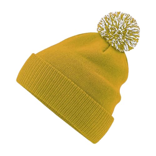 Roughtex Bommelmütze Damen Herren - Doppellagige Wintermütze als Beanie oder mit Umschlag tragbar Senfgelb von Roughtex