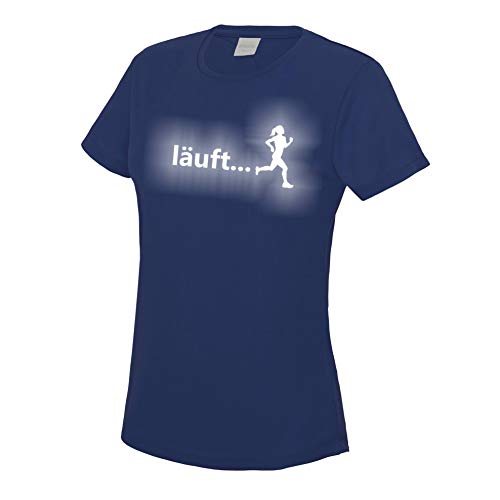 Roughtex Damen Funktionsshirt „läuft“ reflektierend | Laufshirt atmungsaktiv & fair produziert | XS–XXL | Sichtbarkeit beim Joggen Navy L von Roughtex