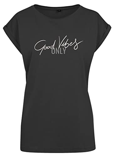 Roughtex Damen T-Shirt „Good Vibes Only“ - Relaxed Fit - Flexdruck Metallic - Shirt mit Statement Spruch Schwarz Champagne XXL von Roughtex