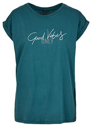 Roughtex Damen T-Shirt „Good Vibes Only“ - Relaxed Fit - Flexdruck Metallic - Shirt mit Statement Spruch Teal Champagne XL von Roughtex