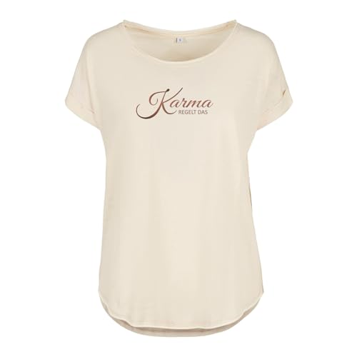 Roughtex Damen T-Shirt Karma regelt das - Spruchshirt mit Statement | Slub-Jersey | Fair & Oeko-Tex | Rundhals, Regular Fit | Flexdruck Metall-Optik Sand Bronze L von Roughtex