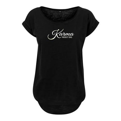 Roughtex Damen T-Shirt Karma regelt das - Spruchshirt mit Statement | Slub-Jersey | Fair & Oeko-Tex | Rundhals, Regular Fit | Flexdruck Metall-Optik Schwarz Champagne M von Roughtex