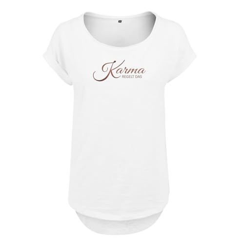 Roughtex Damen T-Shirt Karma regelt das - Spruchshirt mit Statement | Slub-Jersey | Fair & Oeko-Tex | Rundhals, Regular Fit | Flexdruck Metall-Optik Weiß Bronze XL von Roughtex