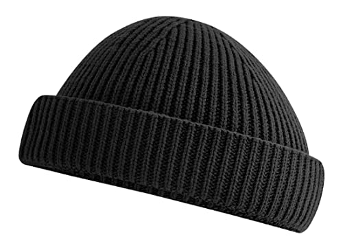 Roughtex Fischermütze Kurze Beanie Recycled Rippstrick grob nachhaltige Strickmütze Docker Cap Dogger Mütze Schwarz von Roughtex