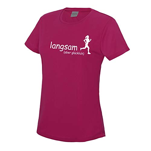 Roughtex Laufshirt für Damen langsam Aber glücklich lustig bedrucktes Running Tshirt Medium Fit hotpink weiß M von Roughtex