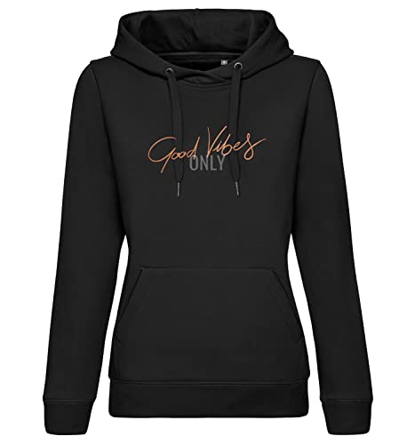 Roughtex Premium Hoodie Damen Good Vibes Kapuzenpullover mit Spruch Aufdruck in edlem Metalleffekt Schwarz Bronze M von Roughtex