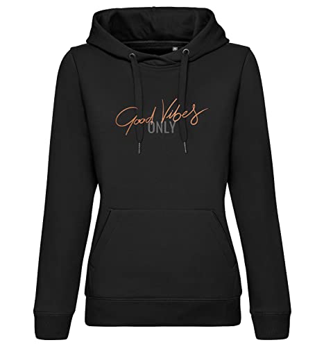 Damen Hoodie Good Vibes Only Druck in Metalleffekt - Mittelschwerer Kapuzenpullover für lässige Outfits - Bequeme Passform für Freizeit und Sport Schwarz Bronze S von Roughtex
