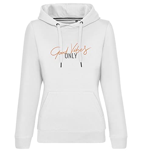 Roughtex Premium Hoodie Damen Good Vibes Kapuzenpullover mit Spruch Aufdruck in edlem Metalleffekt Weiß Bronze 3XL von Roughtex