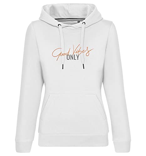 Damen Hoodie Good Vibes Only Druck in Metalleffekt - Mittelschwerer Kapuzenpullover für lässige Outfits - Bequeme Passform für Freizeit und Sport Weiß Bronze M von Roughtex