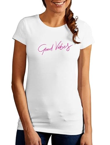 Spruch T-Shirt Damen Good Vibes Premium Shirt mit Aufdruck in Metalleffekt Weiß Pink 3XL von Roughtex