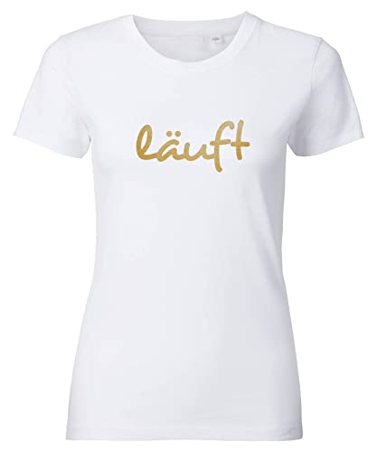 Spruch T-Shirt Damen mit Aufdruck LÄUFT bedrucktes Premium Tshirt Weiß Goldmetallic S von Roughtex