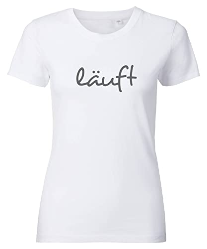 Spruch T-Shirt Damen mit Aufdruck LÄUFT bedrucktes Premium Tshirt Weiß Grau L von Roughtex