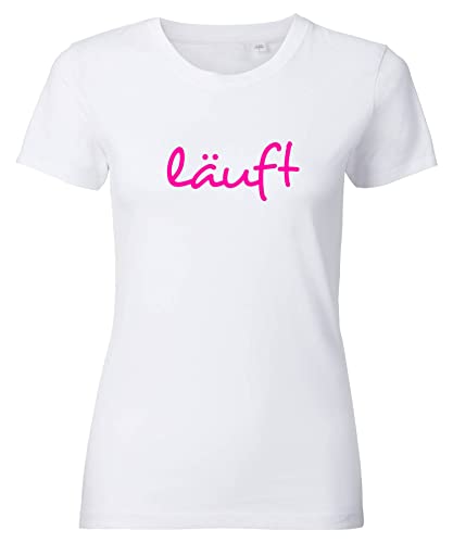 Spruch T-Shirt Damen mit Aufdruck LÄUFT bedrucktes Premium Tshirt Weiß Neonpink L von Roughtex