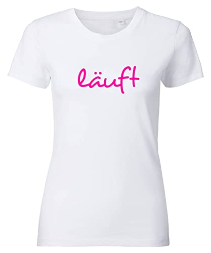 Spruch T-Shirt Damen mit Aufdruck LÄUFT bedrucktes Premium Tshirt Weiß Neonpink S von Roughtex