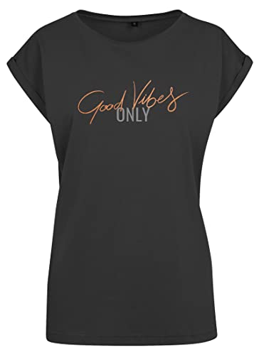 Roughtex Damen T-Shirt „Good Vibes Only“ - Relaxed Fit - Flexdruck Metallic - Shirt mit Statement Spruch Schwarz Bronzemetallic XXL von Roughtex