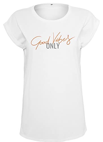 Roughtex Damen T-Shirt „Good Vibes Only“ - Relaxed Fit - Flexdruck Metallic - Shirt mit Statement Spruch Weiß Bronzemetallic S von Roughtex