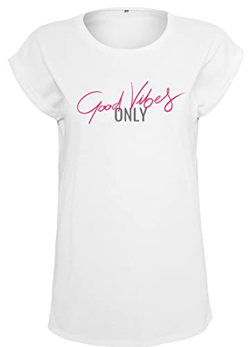 Sprüche T-Shirt Damen Good Vibes Only Oversize Shirt Statement Aufdruck Weiß Neonpink M von Roughtex
