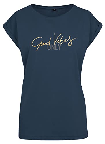 Roughtex Damen T-Shirt „Good Vibes Only“ - Relaxed Fit - Flexdruck Metallic - Shirt mit Statement Spruch Navy Goldmetallic XL von Roughtex
