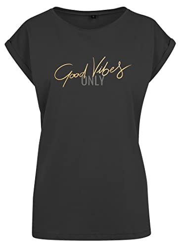 Roughtex Damen T-Shirt „Good Vibes Only“ - Relaxed Fit - Flexdruck Metallic - Shirt mit Statement Spruch Schwarz Goldmetallic 3XL von Roughtex