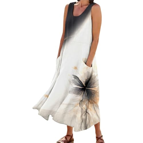 Damen Maxikleid Schmetterling Blumen Leinenkleid Luftige Italienische Sommerkleider Lässig Ärmellos Drucken V-Ausschnitt Boho Langes Kleid Sommerlanges Kleid Freizeitkleid Strandkleider Mit Taschen von Rouingdd