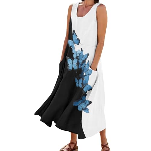 Damen Maxikleid Schmetterling Blumen Leinenkleid Luftige Italienische Sommerkleider Lässig Ärmellos Drucken V-Ausschnitt Boho Langes Kleid Sommerlanges Kleid Freizeitkleid Strandkleider Mit Taschen von Rouingdd