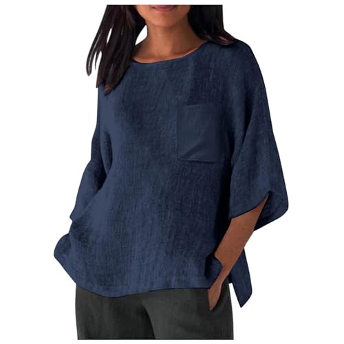 Musselin Bluse Damen Oversized Kurzarm Schwarz Lässig Leinenbluse Einfarbig Elegant Longbluse Blusenshirt Bügelfrei Mittelalter Tuniken Damenblusen Oberteile Leinenhemd 3/4-Ärmeln Hemdbluse Sommerhemd von Rouingdd