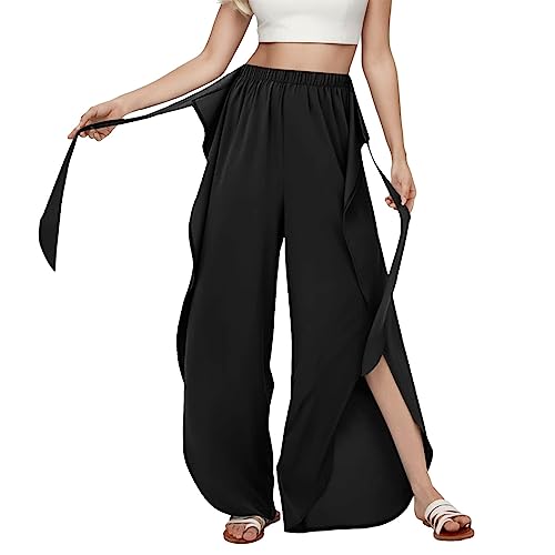 Rouingdd Culottes Hosen Damen Freizeithose mit Schnürung Geschlitzte Mit Weitem Bein Yogahosen Mit Hoher Taille Bohemian Beach-Hosen In Übergröße Mit Weitem Bein von Rouingdd