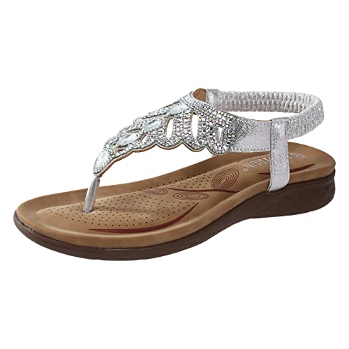 Rouingdd Damen Sommerschuhe Slide Sandal Elegante Strass Sandaletten Boho Bequem Flache Hausschuhe Glitzer Böhmische Strandschuhe Open Toe Rutschfest Freizeitschuhe Leicht Elastische Riemchensandalen von Rouingdd