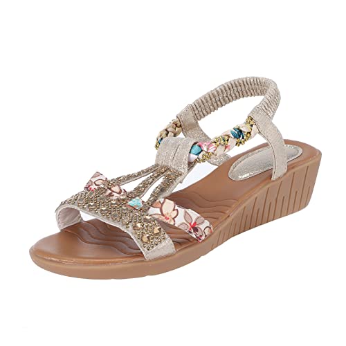 Rouingdd Sandalen Damen Slide Sandal Bequem Strandschuhe Boho Elastische Flache Hausschuhe Glitzer Rutschfest Strass Sandaletten Elegante Leicht Freizeitschuhe Open Toe Böhmische Riemchensandalen von Rouingdd